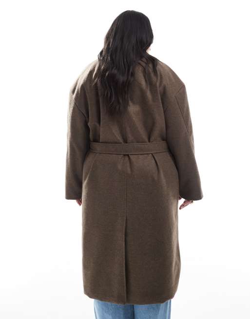 Brave Soul Plus - Brun longline-overfrakke med bælte i imiteret uld, 3 af 4