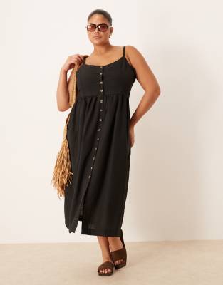 Brave Soul Plus Button Down Trappy Midi Dress In Black