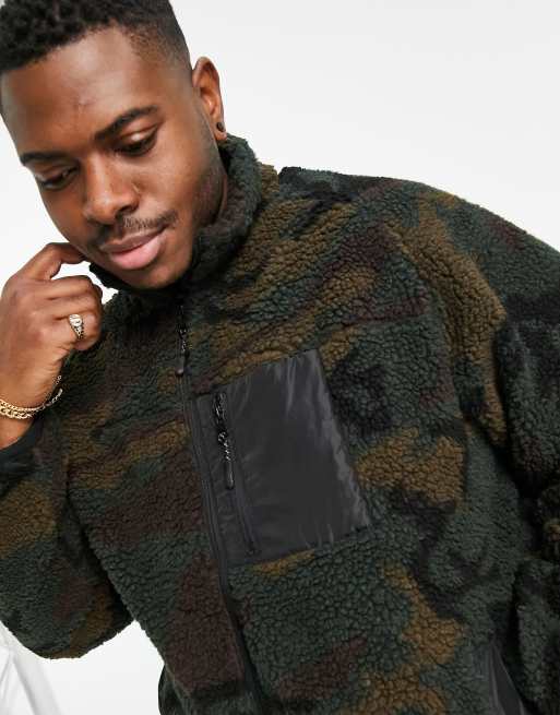 Brave Soul Plus camo borg zip through jacket with mixed panel