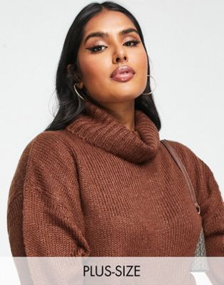 Brave Soul Plus cattio boxy cropped roll neck jumper in chocolate brown