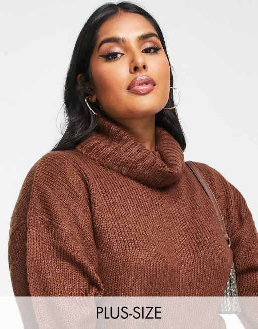 Brave Soul Plus Cattio Boxy Cropped Roll Neck Jumper In Chocolate Brown