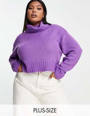 Brave Soul Plus Cattio boxy cropped roll neck jumper in purple ASOS