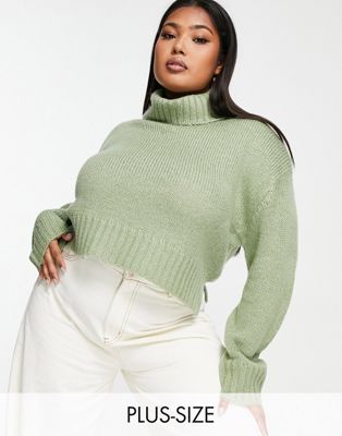 Brave Soul Plus cattio boxy cropped roll neck jumper in sage