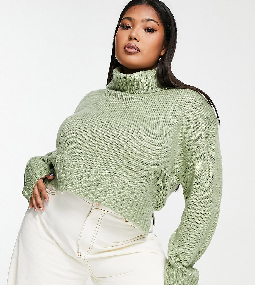 Brave Soul Plus cattio boxy cropped roll neck jumper in sage-Green