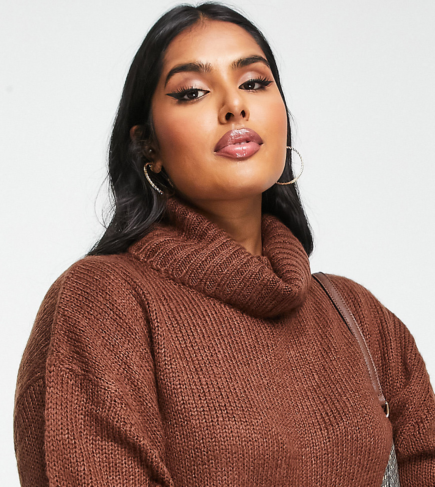 Brave Soul Plus cattio boxy cropped roll neck sweater in chocolate brown