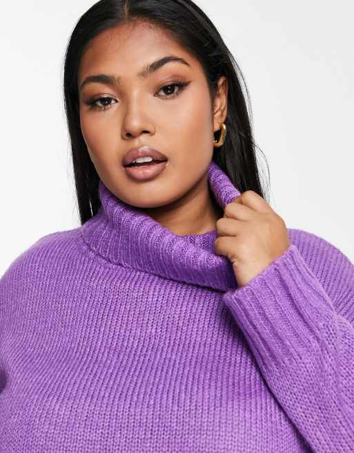 Brave Soul Plus cattio boxy cropped roll neck sweater in purple, 3 of 4