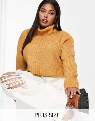 Brave Soul Plus cattio boxy cropped roll neck sweater in tan-Brown