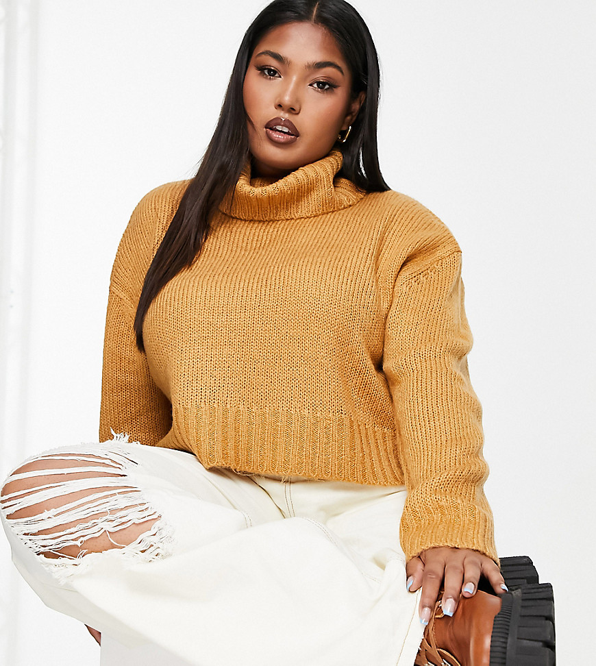 Brave Soul Plus cattio boxy cropped roll neck sweater in tan-Brown