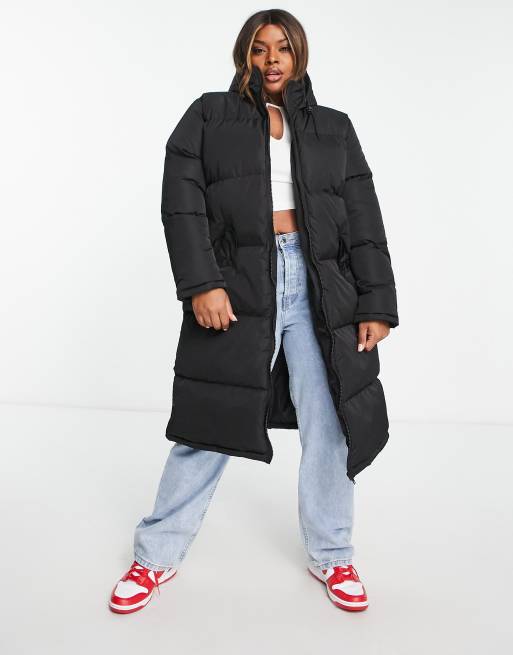 Brave Soul Plus cello maxi longline puffer jacket in black