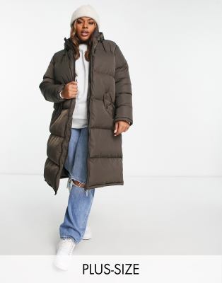 Brave Soul Plus Cello Maxi Longline Puffer Jacket In Chocolate