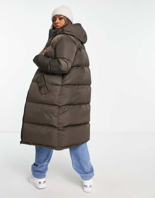 Brave Soul Plus cello maxi longline puffer jacket in chocolate