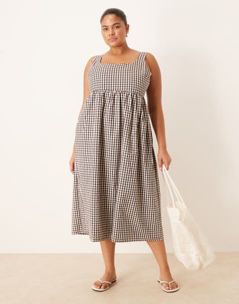 Brave Soul Plus check sleeveless dress with shirred back in burgundy