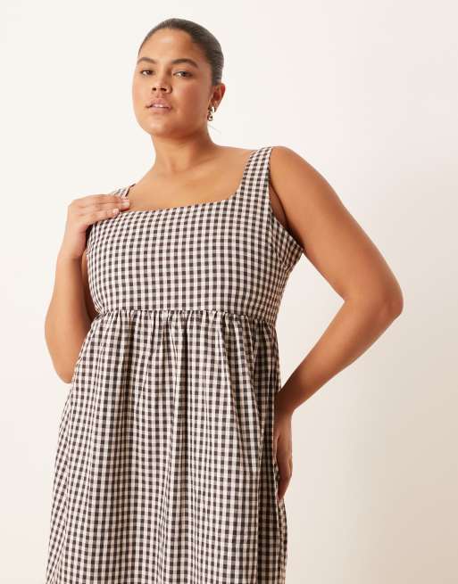 Brave Soul Plus check sleeveless dress with shirred back in burgundy, 2 of 4