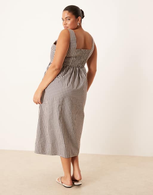 Brave Soul Plus check sleeveless dress with shirred back in burgundy, 4 of 4