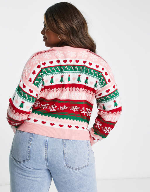 Brave Soul Plus christmas fair isle cardigan in pink, 2 of 4