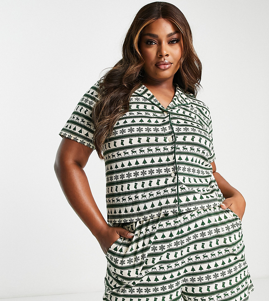Brave Soul Plus Christmas fairisle button up pajama set in forest green and ecru-White