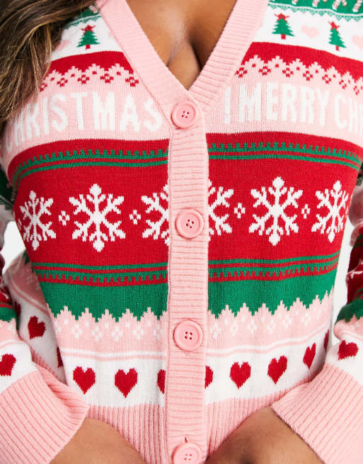 Brave Soul Plus christmas Fairisle cardigan in pink, 3 of 4