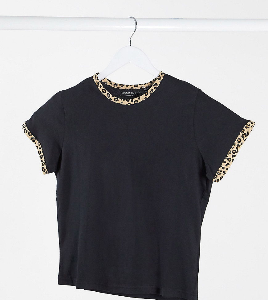 Brave Soul Plus - Claudine - T-shirt med leopardprint på kant-Blå