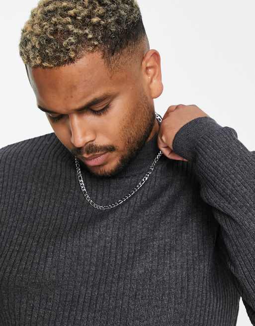 Brave Soul cotton ribbed turtle neck sweater in charcoal