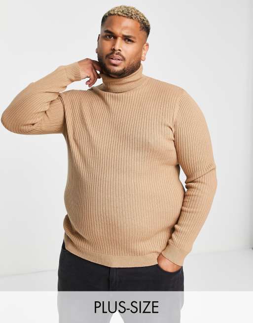 Brave Soul Plus cotton ribbed turtleneck sweater in tan ASOS