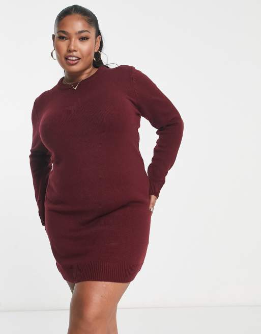 Brave Soul Plus crew neck sweater dress in burgundy
