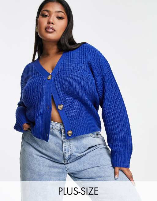 Brave Soul Plus - Daisy - Cardigan in maglia a coste inglesi blu acceso