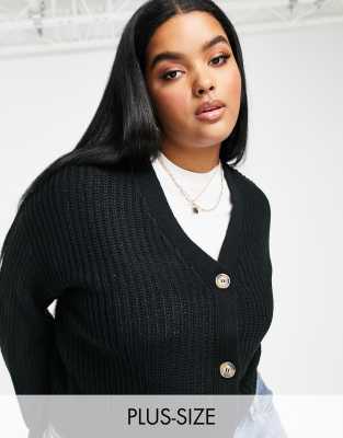 Brave Soul Plus Daisy Fisherman Knit Cardigan In Black