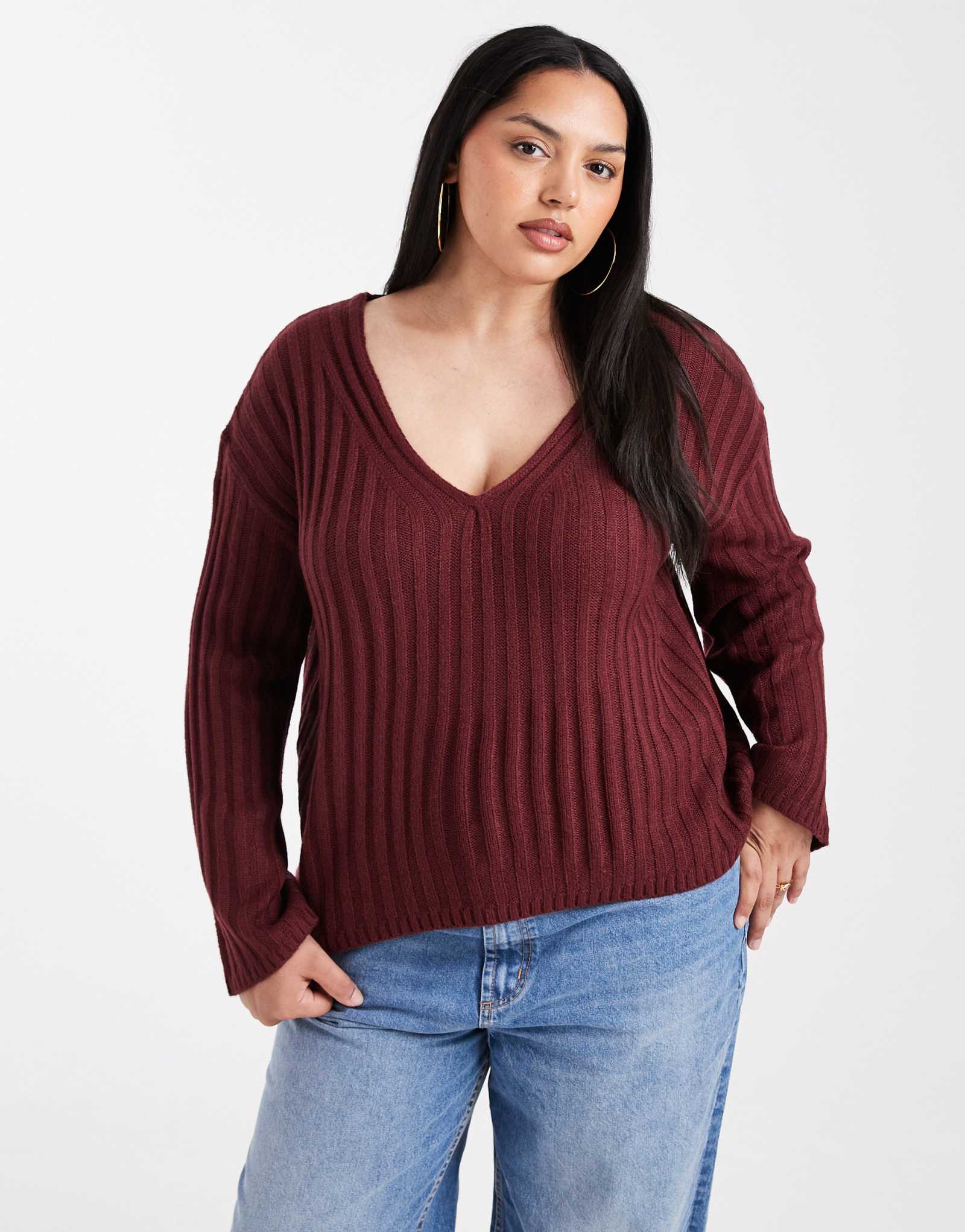 Свитер в рубчик Brave Soul Plus с глубоким V-образным вырезом винного цвета