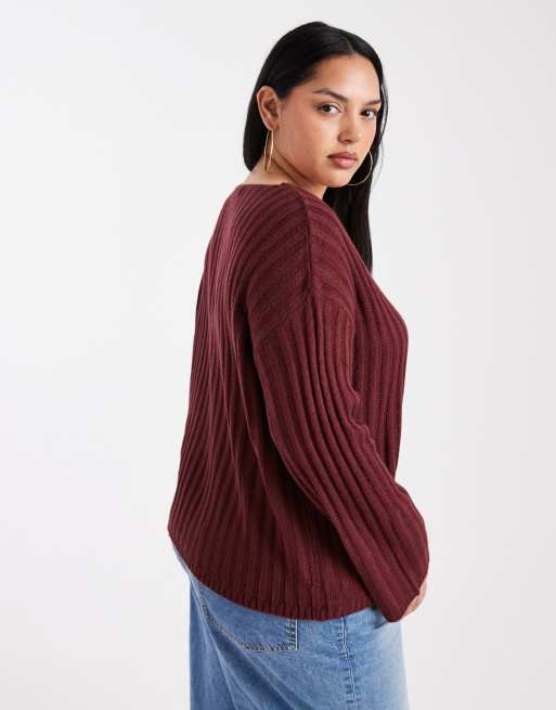 Brave Soul Plus deep V-neck ribbed sweater in wine, 2 of 4