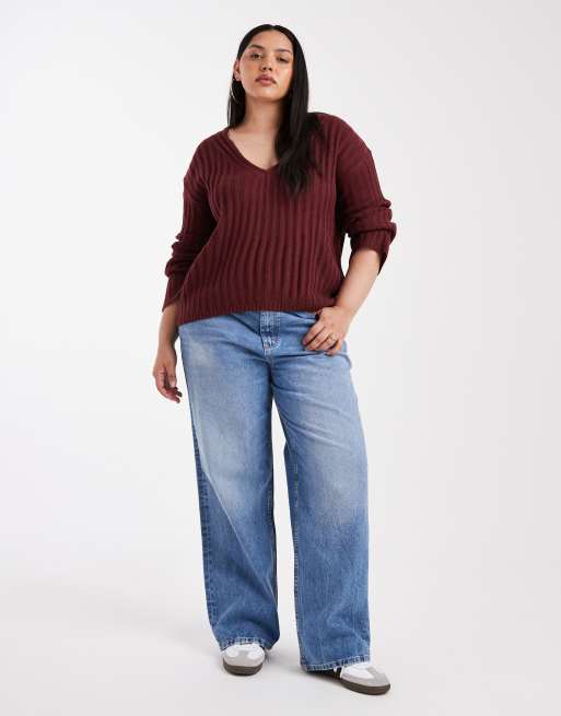 Brave Soul Plus deep V-neck ribbed sweater in wine, 3 of 4