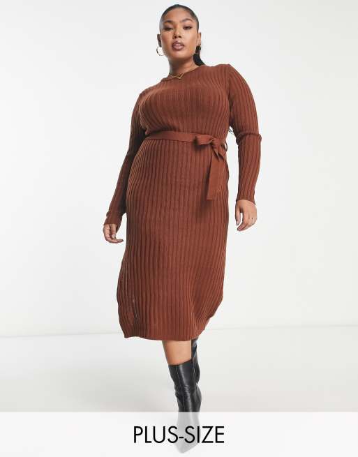 Brave Soul Plus eddie knit dress with slit in chocolate brown