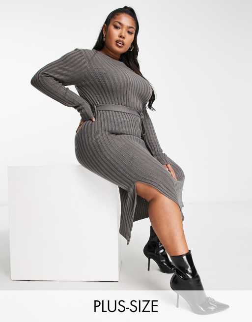 Brave Soul Plus eddie knit dress with slit in gray