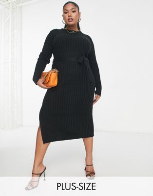 Brave Soul Plus eddie knitted dress with slit in black