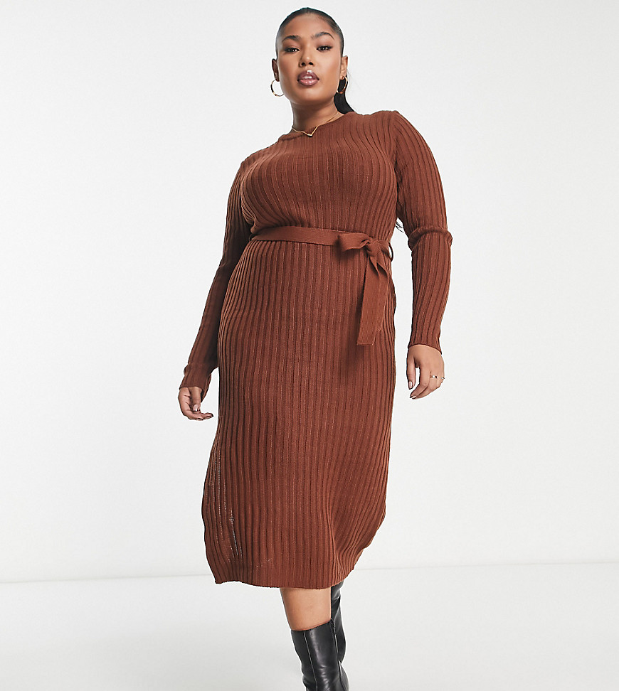 Brave Soul Plus eddie knitted dress with slit in chocolate brown
