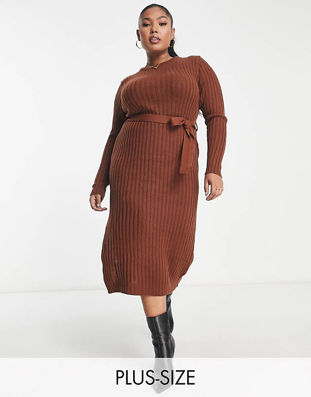 Brave Soul - plus eddie knitted dress with slit in chocolate brown