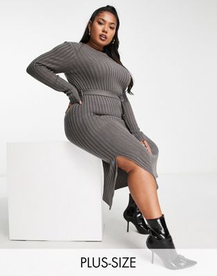 Brave Soul Plus eddie knitted dress with slit in grey