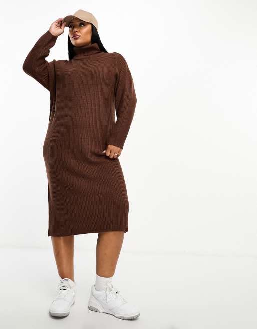 Brave Soul Plus Emma Robe longue en maille col roul Marron chocolat