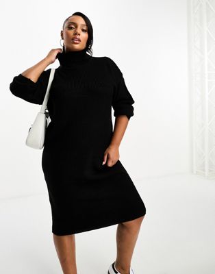 Brave Soul Plus Emma roll neck knitted maxi dress in black