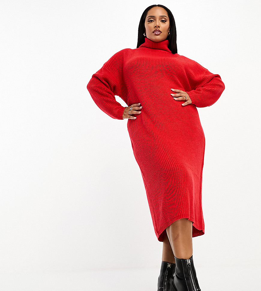 Brave Soul Plus Emma roll neck knitted maxi dress in red