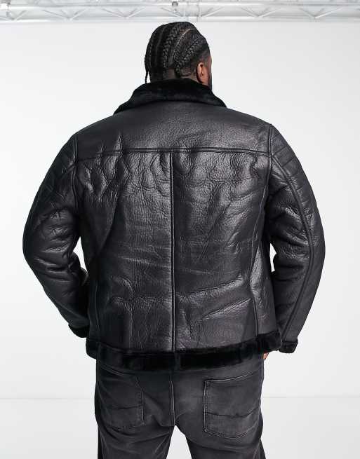 Men's White Faux Fur Black Leather Jacket