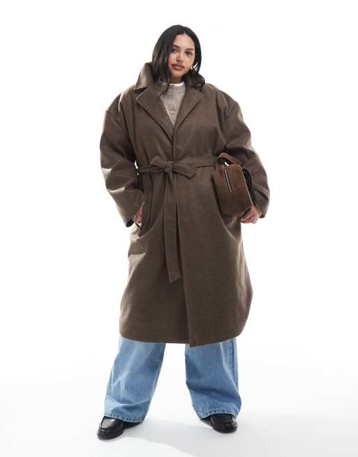 Brave Soul Plus faux wool longline belted overcoat in brown