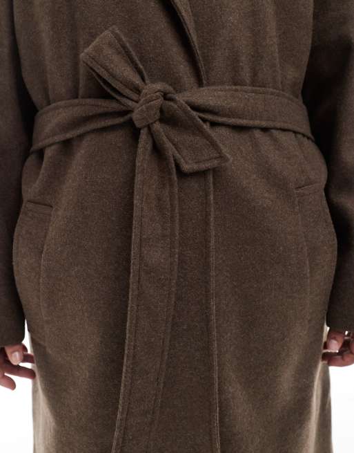 Brave Soul Plus faux wool longline belted overcoat in brown