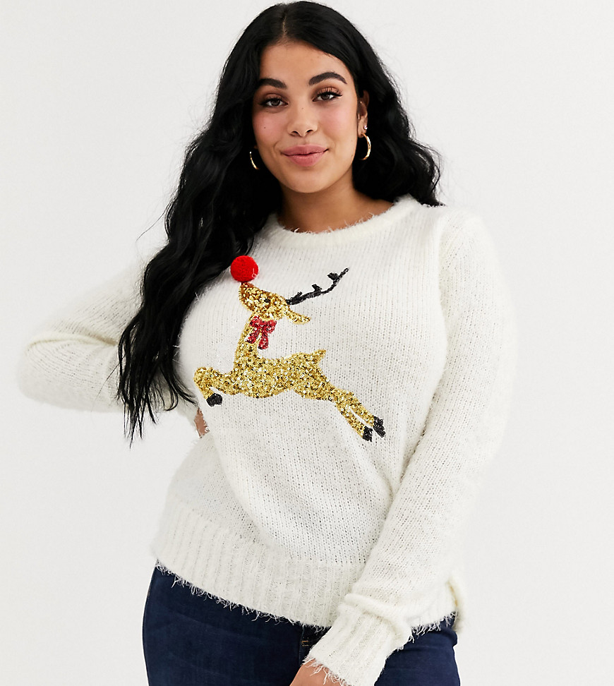 Brave Soul Plus feather yarn jumper with sequins and pom poms-Cream