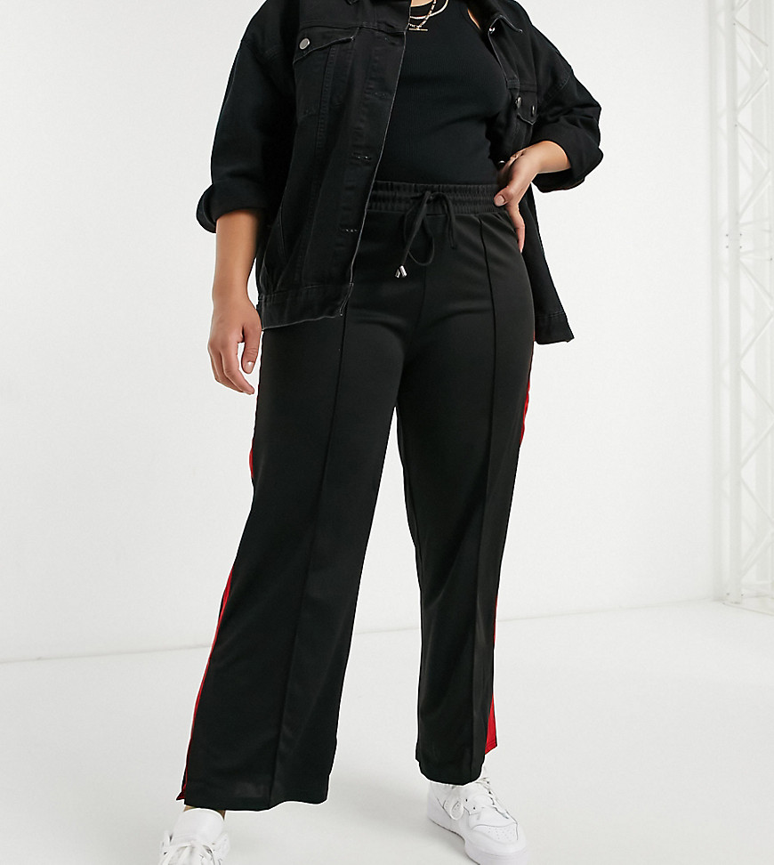 Brave Soul Plus flare wide leg pants with red stripe-Black