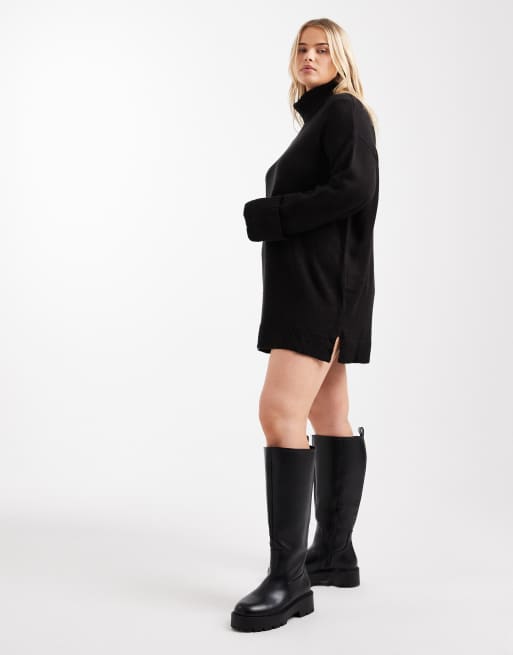Brave Soul Plus - Gebreide hoogsluitende trui-jurk in zwart, 2 van 4