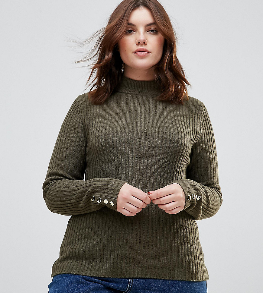 Plus Grace Rib Turtleneck Sweater With Button Cuffs-Green