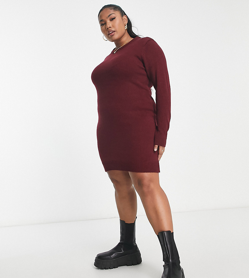 Brave Soul Plus grungy crew neck jumper dress in burgundy-Red