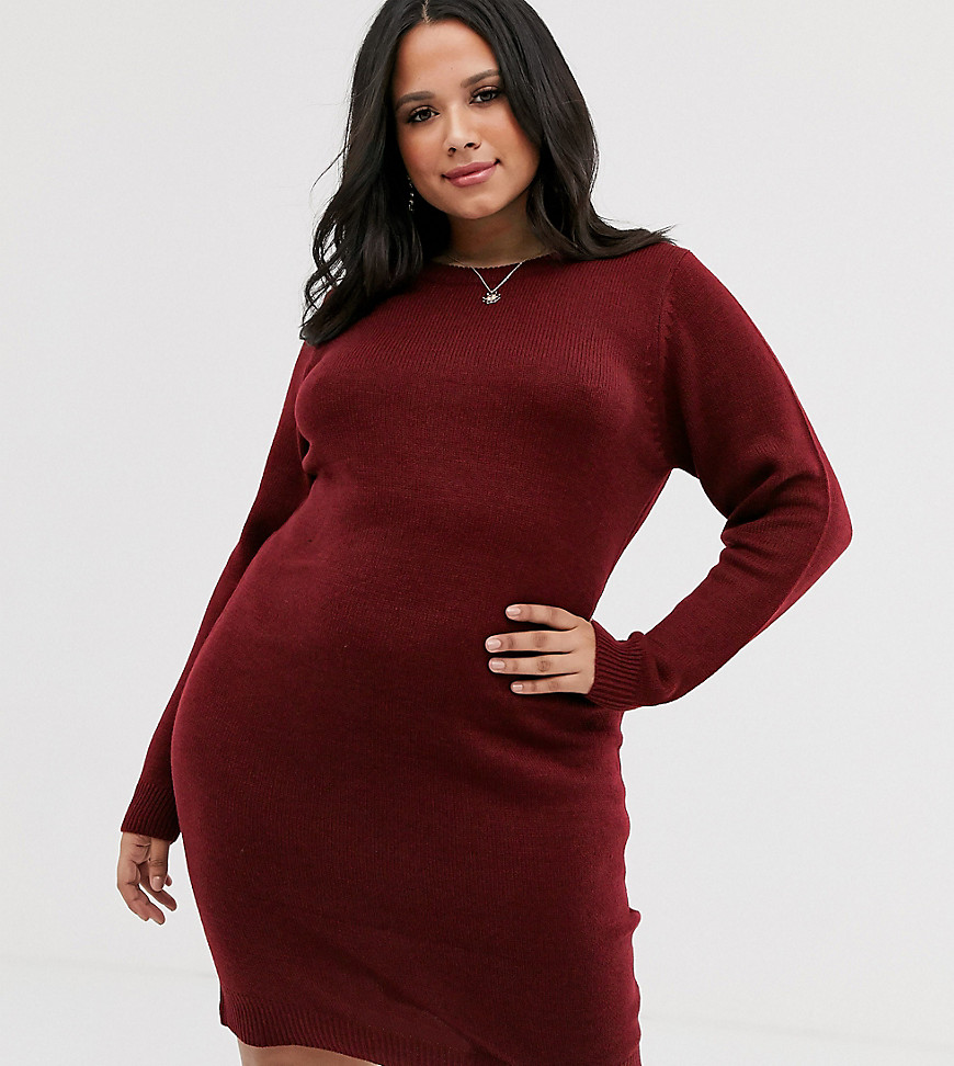 Brave Soul Plus grungy round neck sweater dress-Red