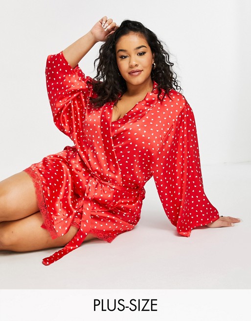 Brave Soul Plus hallie heart print satin dressing gown in red