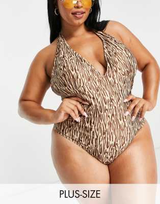 Figleaves Tall plunge halter swimsuit with belt detail in mink leaf  print-Brown